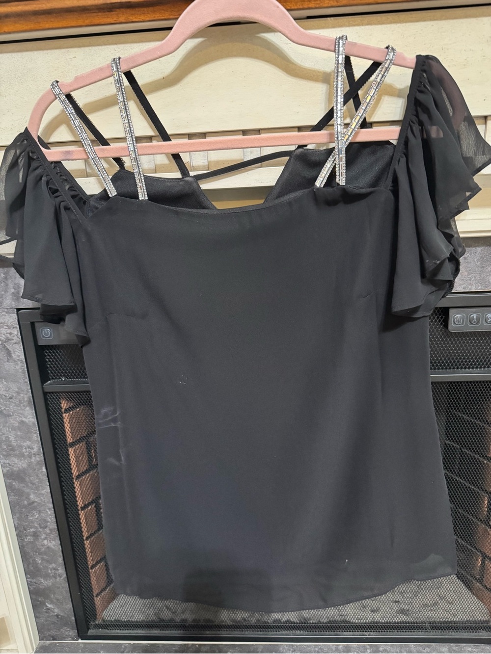 Black Cold-Shoulder Top with Rhinestone Straps